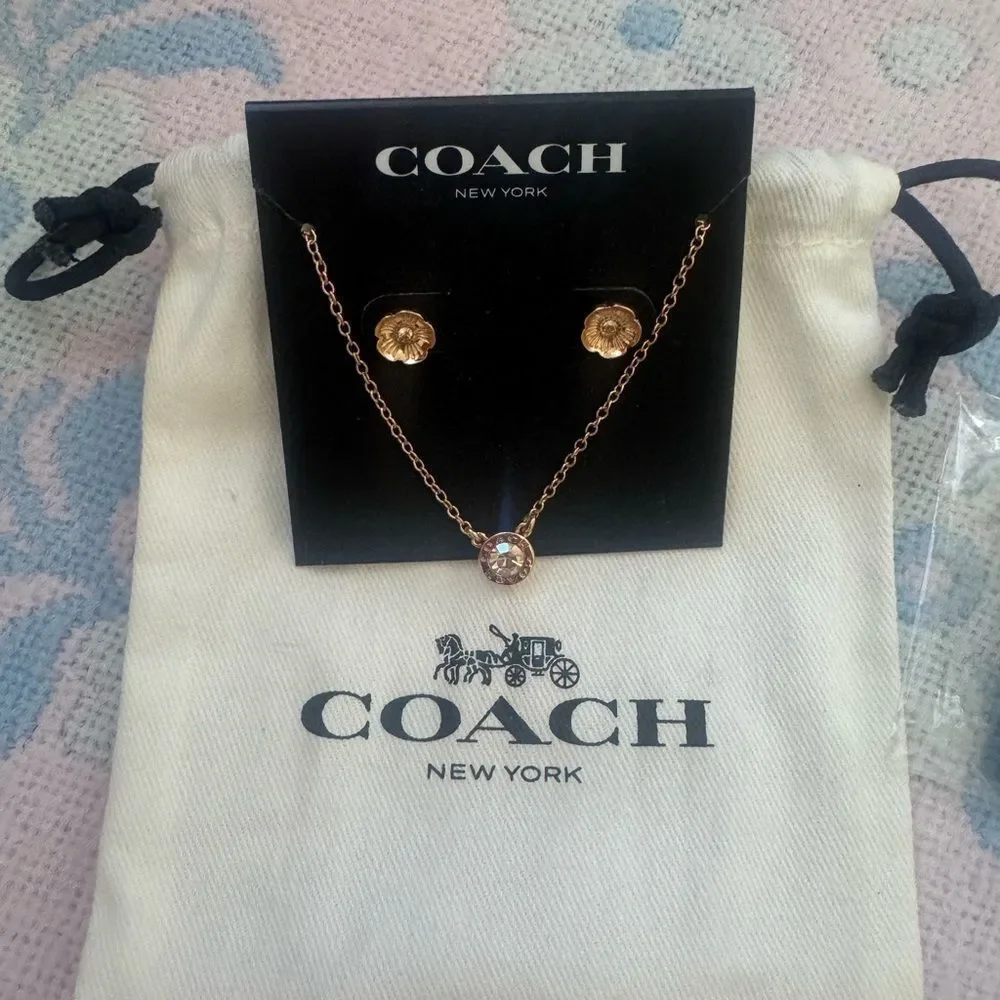 Coach Rose Gold Necklace and Tea Rose Earring Set